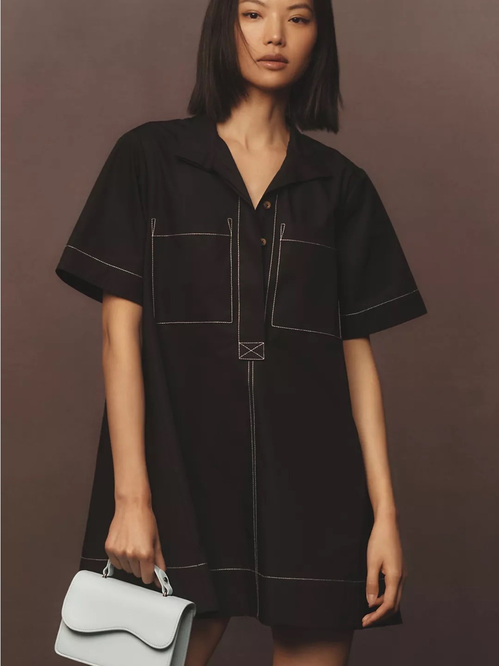 Anthropologie Boxy Black Mini Dress with Contrast Stitching - Picture 2 of 10